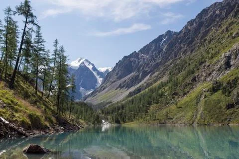 View of the mountains with reflection in the blue lake. Stock Photos