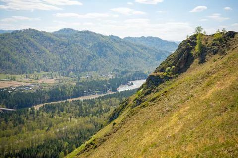 View with mountains, river Katun and valley from top of the rock - damn finger - Stock Photos