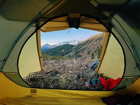 View on mountains from tent Stock Photos