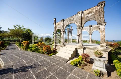 View to the mountains, the water castle Abang seaside in the region Karangasem, Stock Photos