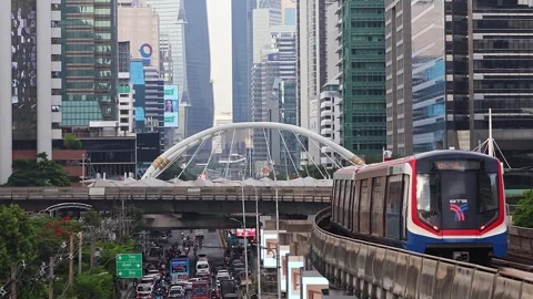 View of moving BTS skytrain at Chong Nonsi metro station. Stock Footage 278314512