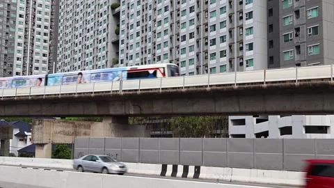 View of moving BTS skytrain near Talat Phlu metro station. Stock Footage 278853309