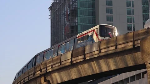 View of moving BTS skytrain near Chit Lom metro station. Stock Footage 284026742