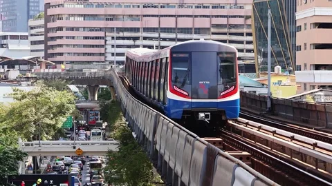 View of moving BTS skytrain at Ratchathewi metro station. Stock Footage 278918277