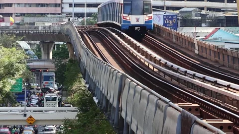 View of moving BTS skytrain at Ratchathewi metro station. Stock Footage 278919448