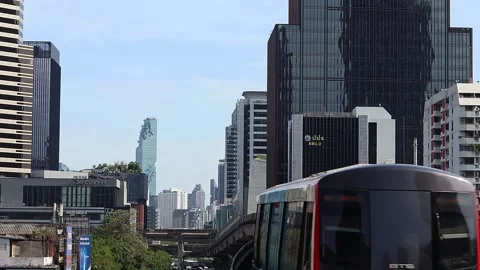 View of moving BTS skytrain at Ratchathewi metro station. Stock Footage 278921161