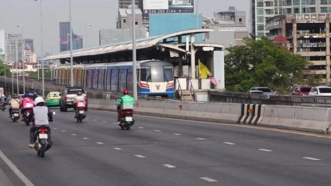 View of moving BTS skytrain at Saphan Taksin metro station. Stock Footage 278044867