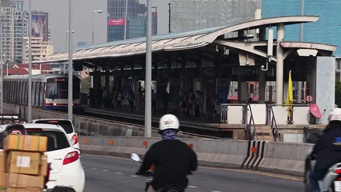 View of moving BTS skytrain at Saphan Ta... | Stock Video | Pond5