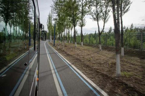 View from a Moving Bus Window Driving Along a Scenic Tree-Lined Road Stock Photos