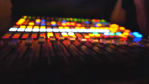 View of moving buttons on dj remote or soundboard. Working process in recording Stock Footage 328089138