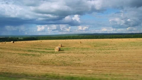 View from moving car window field with folded hay in bobbins. Stock Footage 211060978