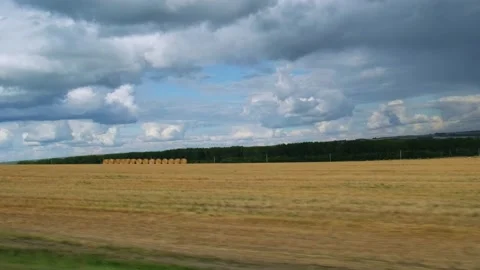 View from moving car window golden field with sheaves of straw. Stock Footage 219728609