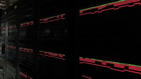 View moving in a data center, racks with communication server with leds on Stock Footage 101895867