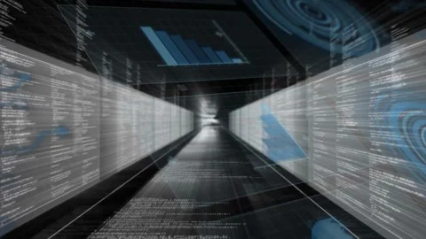 View moving down tunnel showing HUD with blue bar triangles radar scrolling code Video stock 332468928