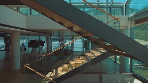 View from moving elevator on interior of modern building Stock Footage 128343382