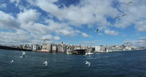View from the moving ferry on Istanbul and Galata Tower Stock Footage 152305331