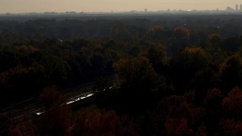 A view of a moving train and behind him panorama of Warsaw. Stock-Footage 124845123