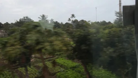 View from a moving train window reveals urban farms Video stock 290363183