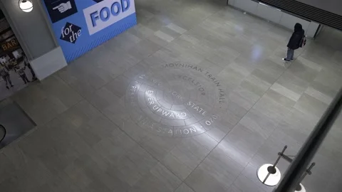 View of Moynihan Train Hall floor at Pennsylvania Station in NYC Stock Footage 200787537