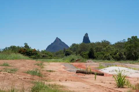 View of Mt. Coonowrin and Mt. Beerwah of the Glass House Mountains Stock Photos