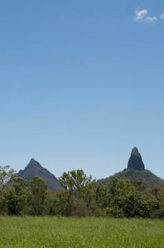 View of Mt. Coonowrin and Mt. Beerwah of the Glass House Mountains Stock Photos