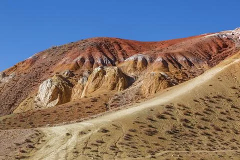 View of the multi-colored mountain "Martian landscape" in Altai, Russia Stock Photos