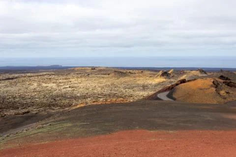 View at multi colored volcanic landscape in Timanfaya Nationalpark Stock Photos