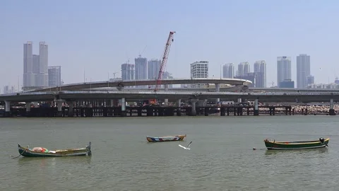 View of Mumbai cityscape and construction site of a coastal road project. Stock Footage 274449068