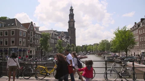 View of the Munttoren’s clockwork and carillon from a bridge Stock Footage 68941177
