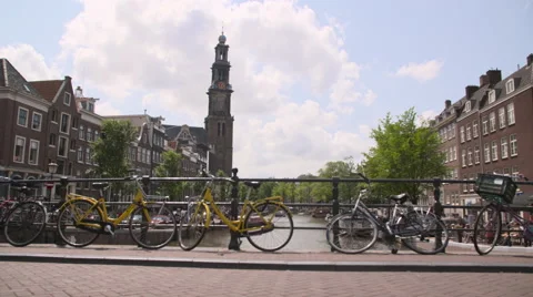 View of the Munttoren’s clockwork and carillon from a bridge Stock Footage 68942016