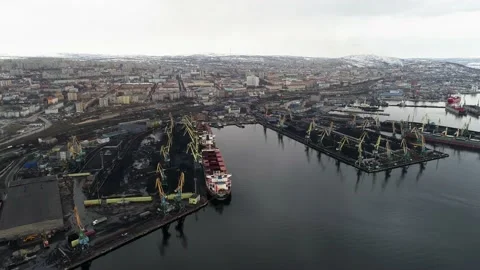 View of Murmansk and part of seaport intended for loading coal. View from camera Stock Footage 203920012