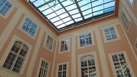 View with museum ceiling and stained glass window Stock Footage 138981662