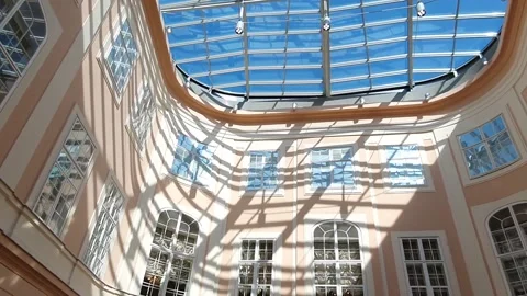 View with museum ceiling and stained glass window Stock Footage 138981670