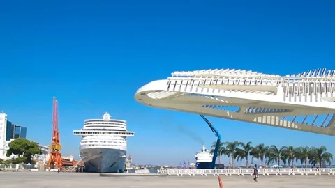 View of Museum of Tomorrow and two cruise ships Stock Footage 101337875