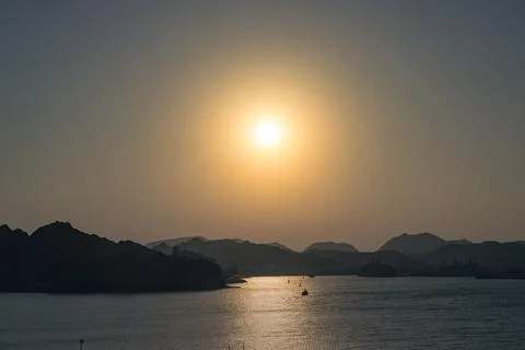 View of Mutrah harbor at sunset Stock-Fotos