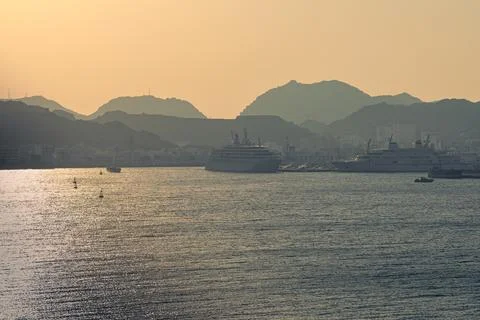 View of Mutrah harbor at sunset Stock Photos