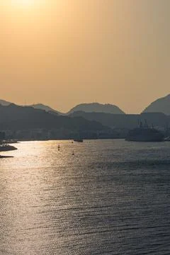 View of Mutrah harbor at sunset Foto stock
