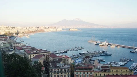 View of Naples bay with snow-covered Volcano Vesuvius Stock Footage 76319395