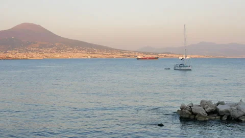 View from Naples waterfront on Vesuvius at sunset Stock Footage 150912505