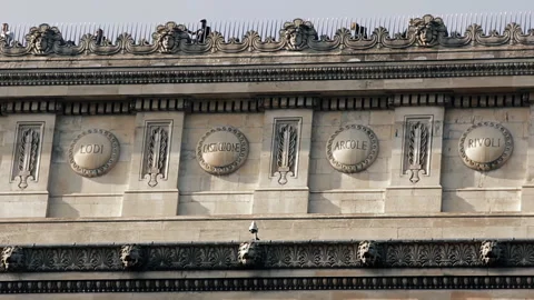 View Of Napoleonic Battle Names On Arc De Triomphe Facade, Paris - 4K Stock Footage 331326320