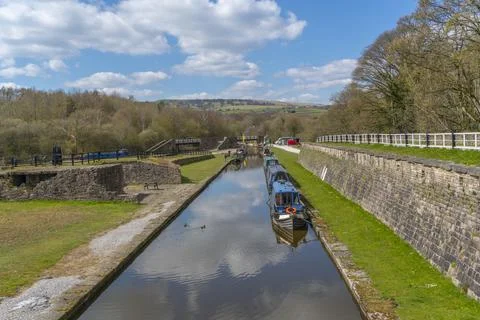 View of narrow boats at Bugsworth Basin, Bugsworth, Peak Forest Canal, High Stock Photos