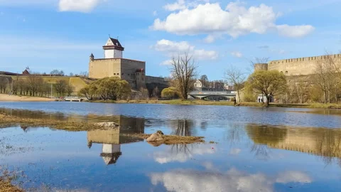 View of Narva Castle with tall Herman's tower Stock Footage 98494979