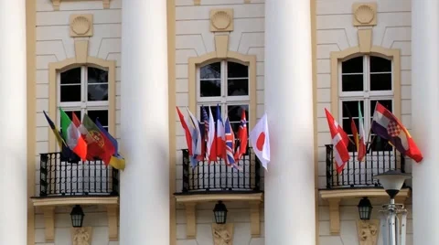 View to the national flags at the façade of a hotel in Sopot, Poland. Stock Footage 58638861