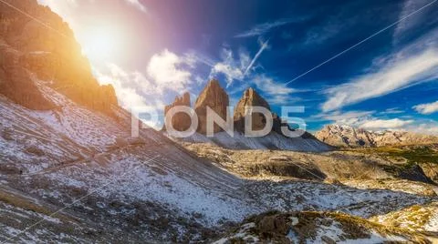 View of the National Park Tre Cime di Lavaredo, Dolomites, South Tyrol. Locat Stock Photos