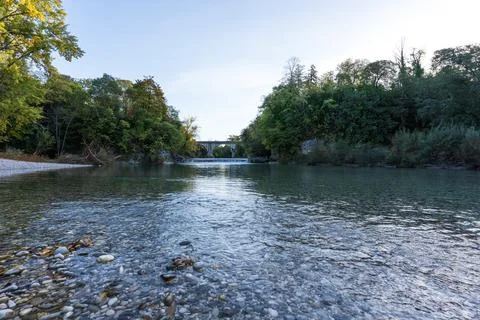 View of the Natisone river, in the background the devil's bridge in Cividale Stock Photos