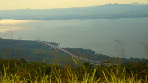 View nature of hill and river on blue sky on sunny background Stock Footage 219810643