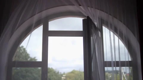 View of nature through the balcony. Light swaying of tulle from the wind. Stock Footage 165847727