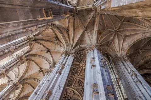 View of nave and archs inside gothic Church of St. Eustache, Paris Stock Photos
