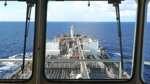 View from the navigation bridge to the deck of oil tanker. Stock Footage 101308730