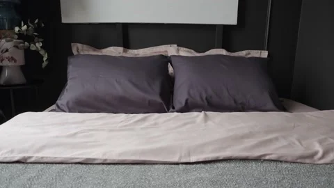 View of the neat bed in the bedroom Stock Footage 143968390